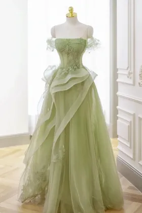sage green beaded applique layered tulle photoshoot dress