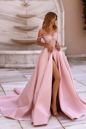 pearl off shoulder pink satin slit prom dress