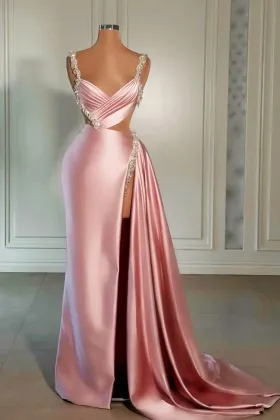 glamorous pink satin silver beading prom dress with slit
