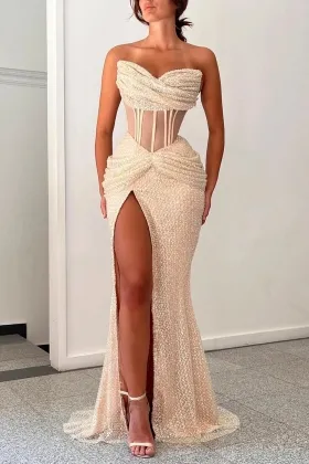 glitter nude lurex strapless illusion bodice slit prom dress