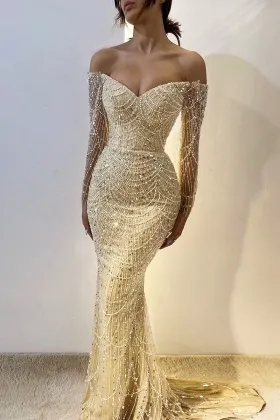 pearl beading off shoulder long sleeve mermaid prom dress