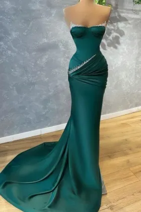 asymmetrical ruched emerald satin beaded military ball dress