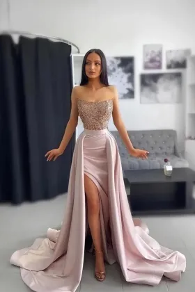 strapless blushing pink satin beaded lace slit prom dress