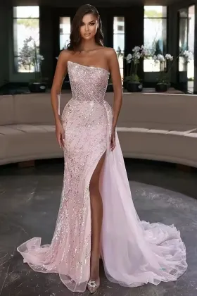 sparkly blushing pink sequined strapless slit pageant dress