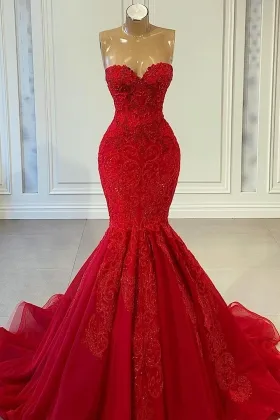 exquisite beaded red lace sweetheart neck mermaid prom gown