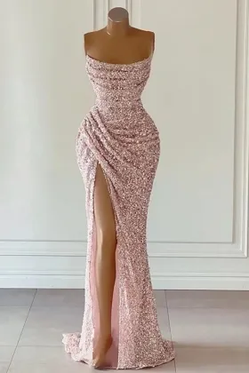 sparkly pink sequin ruched formal evening gown with slit