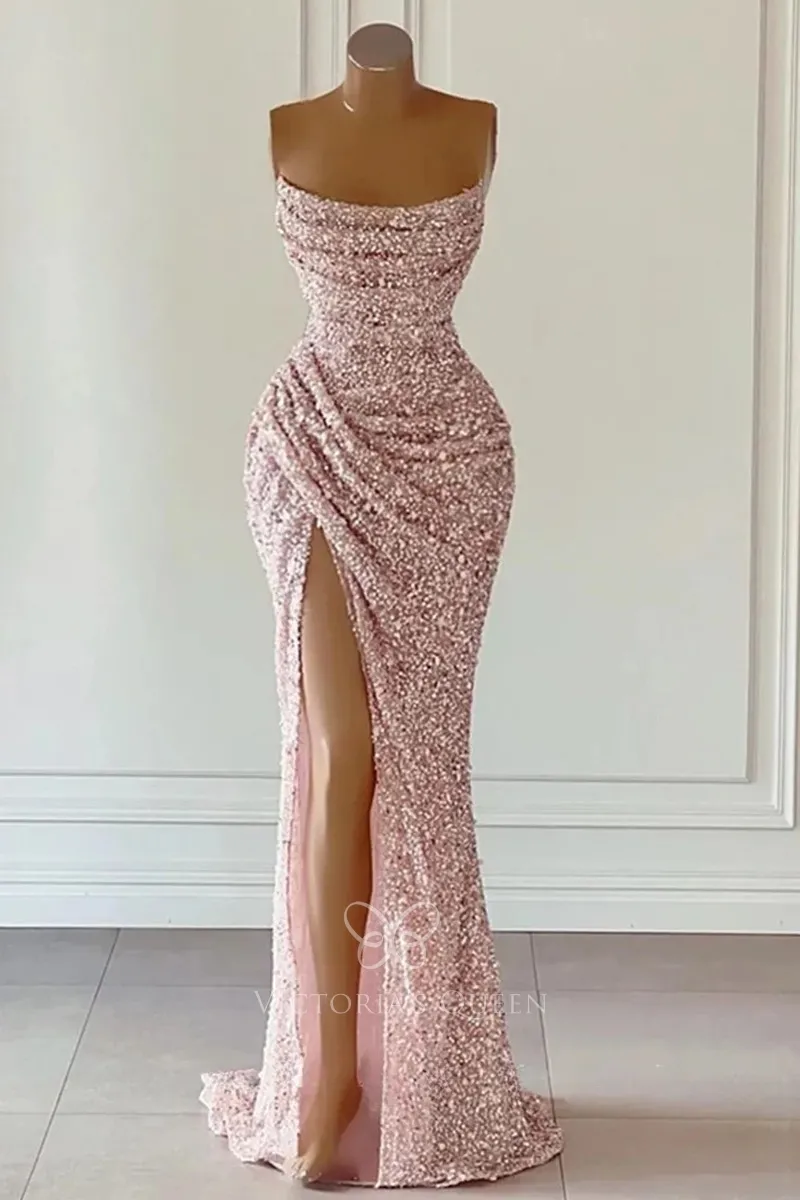 sparkly pink sequin ruched formal evening gown with slit sparkly pink sequin ruched formal evening gown with slit