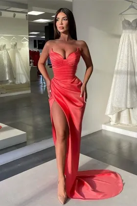 watermelon strapless sexy slit prom dress with sweep train
