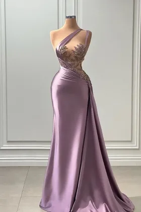gorgeous one shoulder beaded applique purple satin prom gown