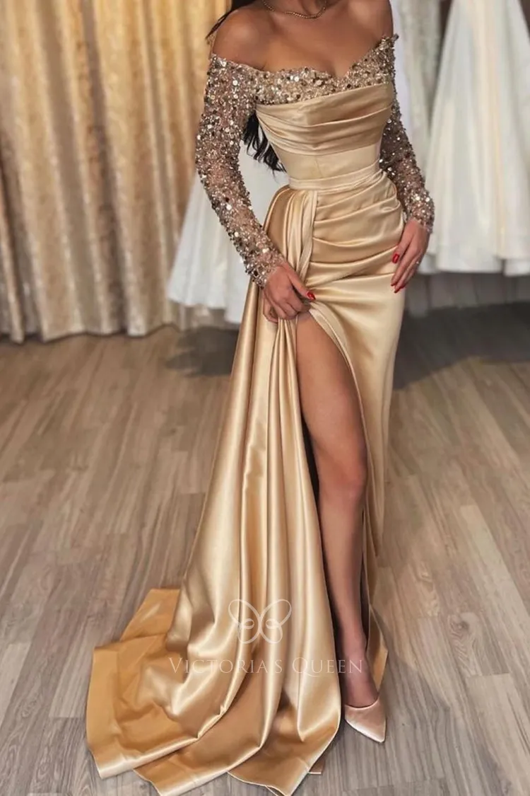 champagne sequin and satin high slit prom gown champagne sequin and satin high slit prom gown