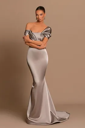 grey satin off shoulder sleeve mermaid anniversary dress
