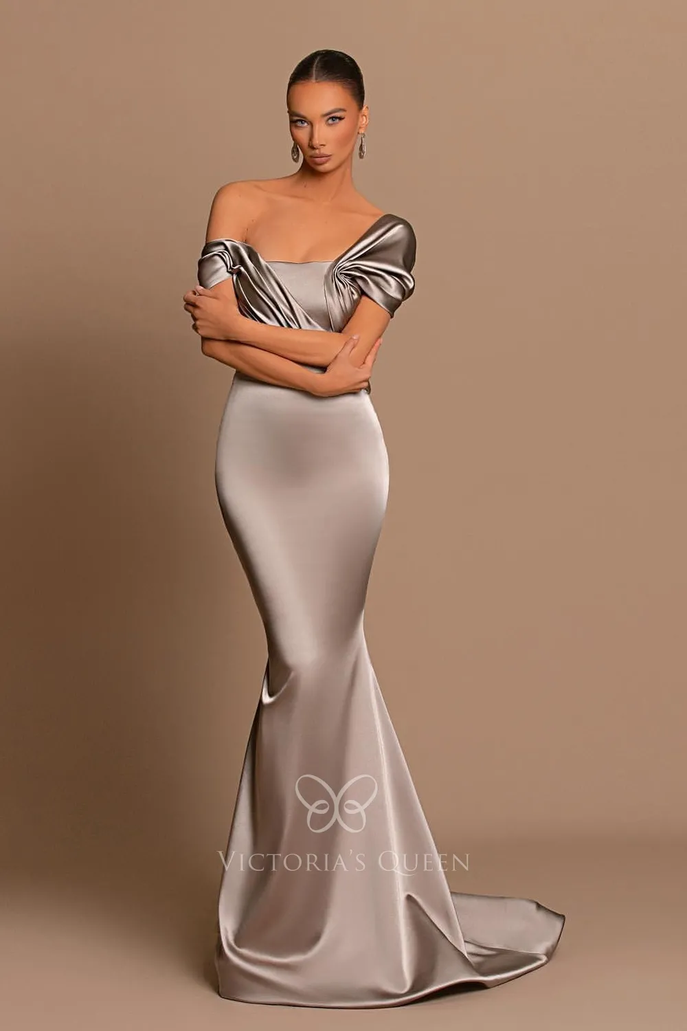 grey satin off shoulder sleeve mermaid anniversary dress grey satin off shoulder sleeve mermaid anniversary dress