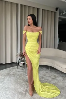 glitter bright yellow off shoulder high slit evening dress