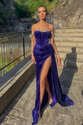 beaded off shoulder regency velvet prom dress with slit