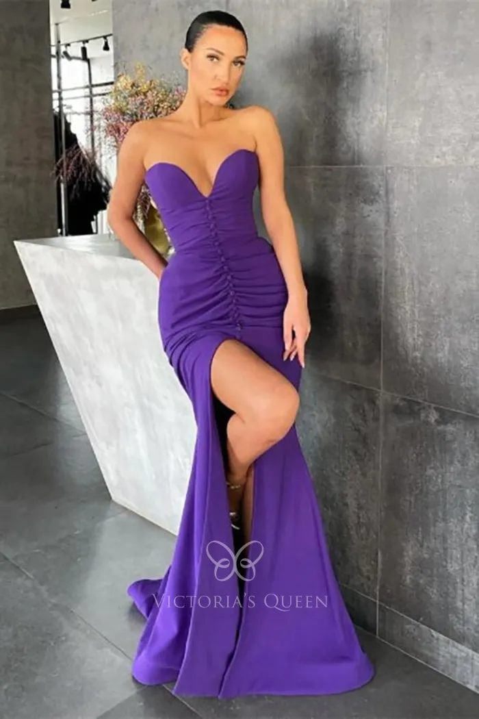 modern strapless ruched purple spandex high slit prom dress modern strapless ruched purple spandex high slit prom dress