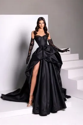 black satin strapless draped designer evening gown with slit