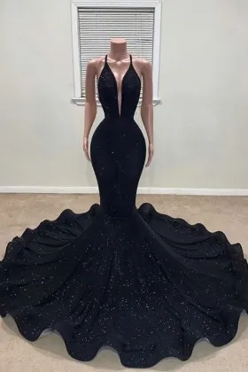 Glistening Mermaid Long Train Black Glitter Prom Dress
