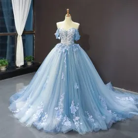 Tulle with Floral Ice Blue Lace Appliqued Prom Dress