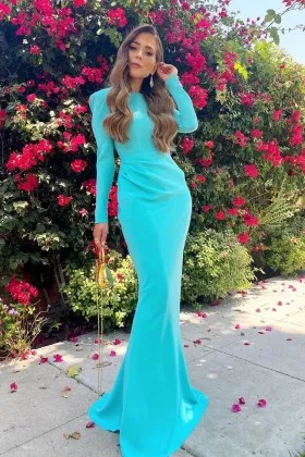 Alluring long sleeve pool blue long bridesmaid evening dress