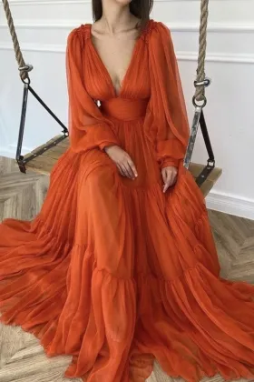 Orange Chiffon Plunging Neckline Long Sleeve Prom Dress