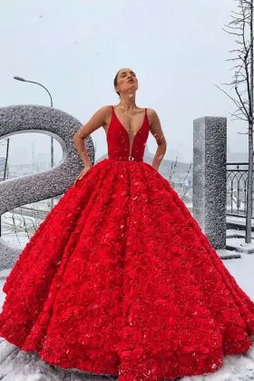 Fantastic Red Satin and 3D rosettes Ball Gown prom dress