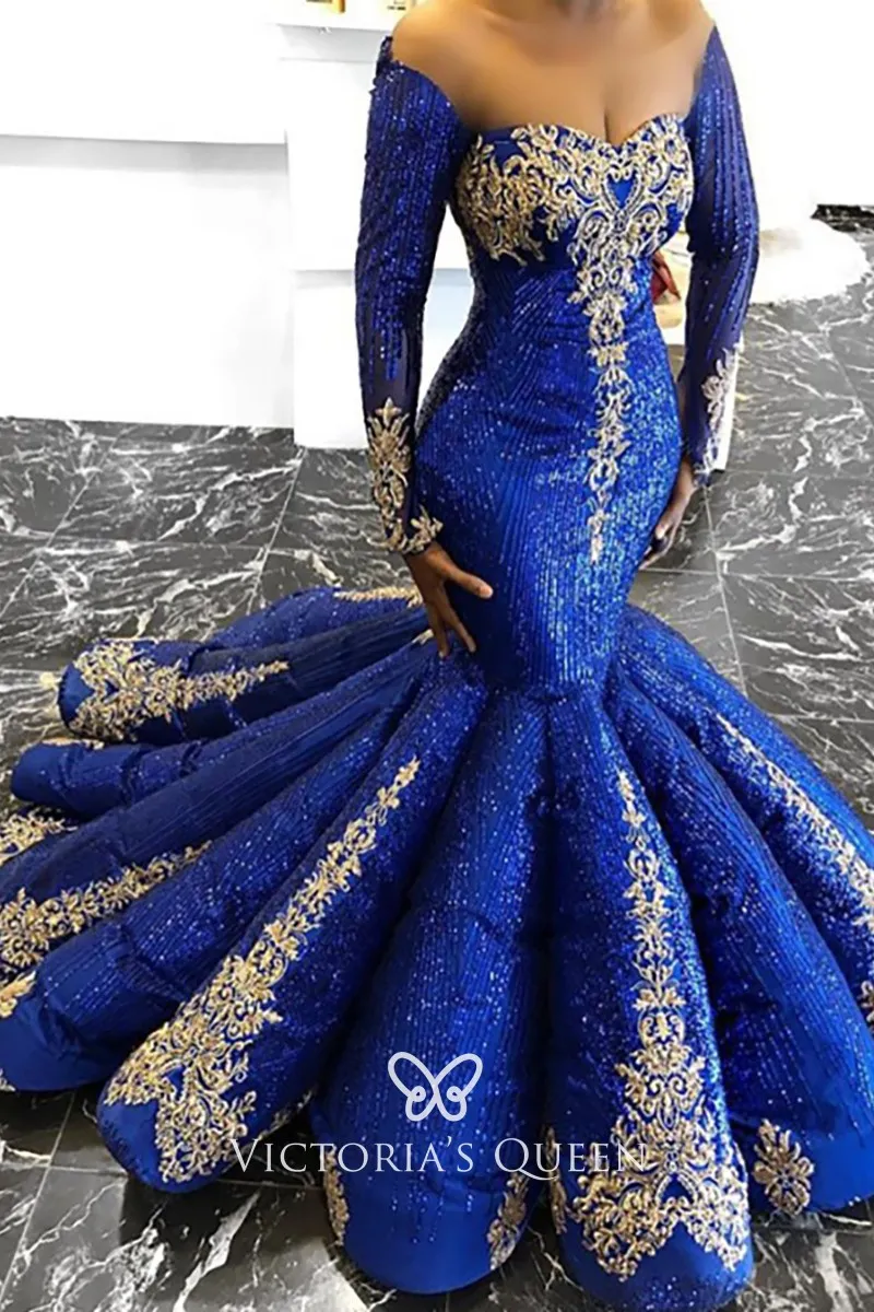 Unique Gold Lace Adorned Blue Glitter Trumpet Prom Gown VQ