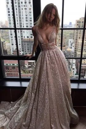sparkly silver glitter plunging V neck sexy prom dress