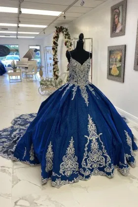 Princess Embroidered Lace Cobalt Blue Quinceanera ball gown