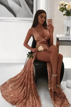 deep V neck cut outs double high slits sexy prom dress