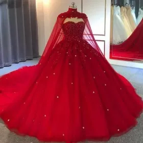 luxury beaded red quinceaera ball gown detachable cape