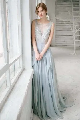 beaded lace flowing chiffon dusty blue airy bridal reception dress