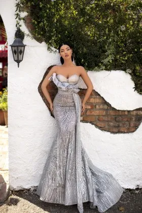 unique ruffled silver glitter fitted mermaid prom dress