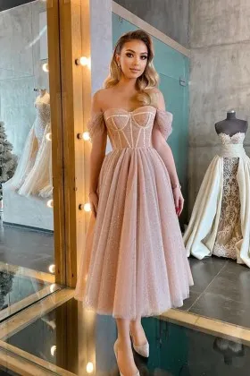 adorable pearled blush pink tulle tea length party dress