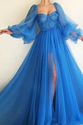 beautiful puffy long sleeve slit blue tulle formal gown