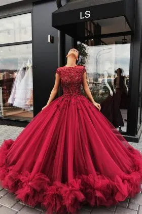 ruffled tulle beaded dark red sweet 16 Quinceaera dress