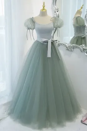 short bubble sleeves sage green birthday party dress