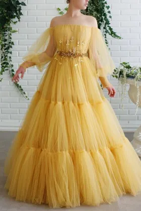 yellow tulle long puffy sleeve prom evening dress