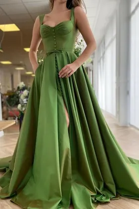 stylish olive green satin wide straps occasion dress