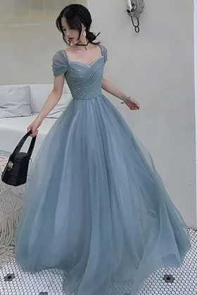 beaded ruched dusty blue tulle cap sleeve evening dress