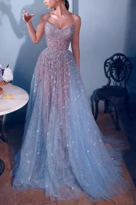sequinned lace sky blue strapless v neck prom formal dress