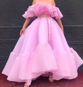 ruffled off the shoulder hem high low occasion dress