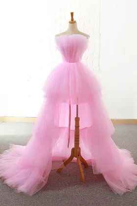 ruffled multi tiered pink tulle high low prom dress
