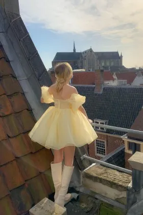 Cute Mini Light Yellow Organza Puff Sleeve Party Dress