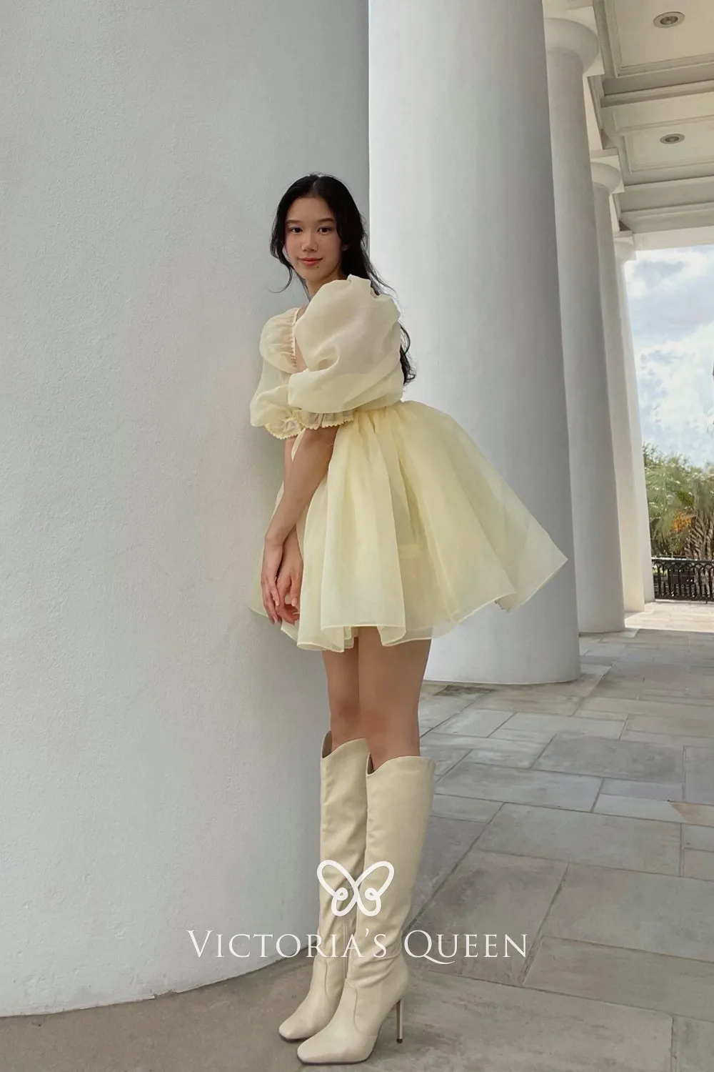 Light Yellow Organza Puff Sleeve mini Party Dress Light Yellow Organza Puff Sleeve mini Party Dress