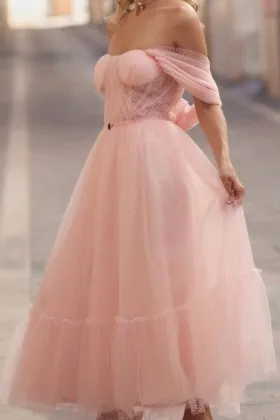 charming dotted blush off the shoulder birthday dress