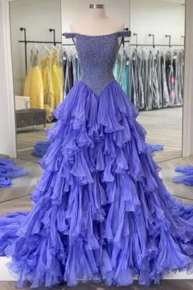 chic beaded ruffled tiered off shoulder long prom dress