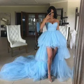 lovely high low tiered tulle long train evening dress