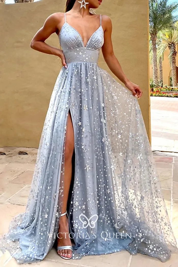 V neck high slit glitter starry dream prom formal dress V neck high slit glitter starry dream prom formal dress