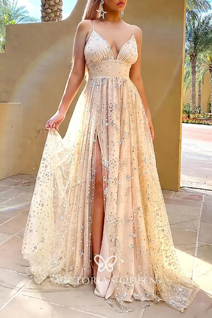 champagne glitter starry V neck high slit dream prom formal dress champagne glitter starry V neck high slit dream prom formal dress