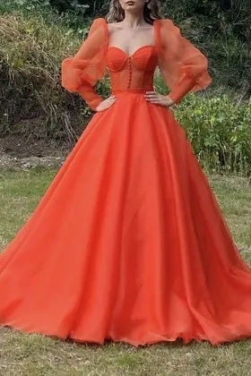 feminine orange organza puffy sleeve special occasion dress